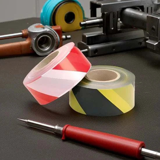 Adhesive hazard warning tape with high-visibility chevron pattern made from PVC film and rubber