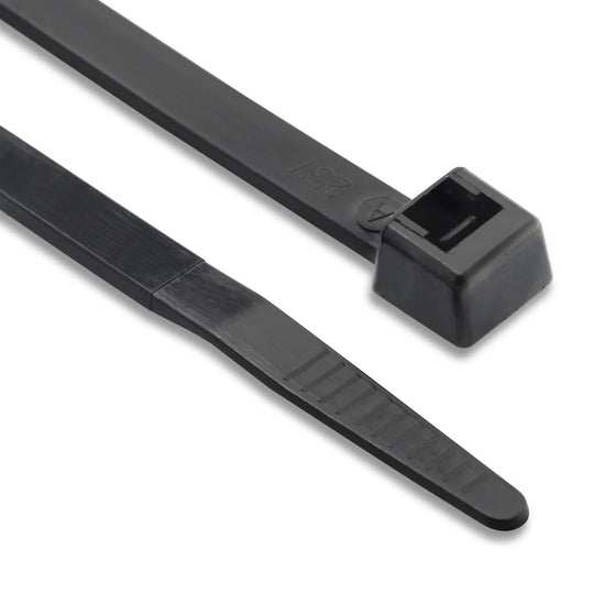 Black UL94-V0 heat stabilised nylon cable ties with UV resistance for outdoor and industrial use