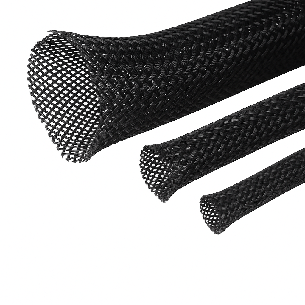 Braided expandable sleeving made of PET for flexible cable protection and easy installation