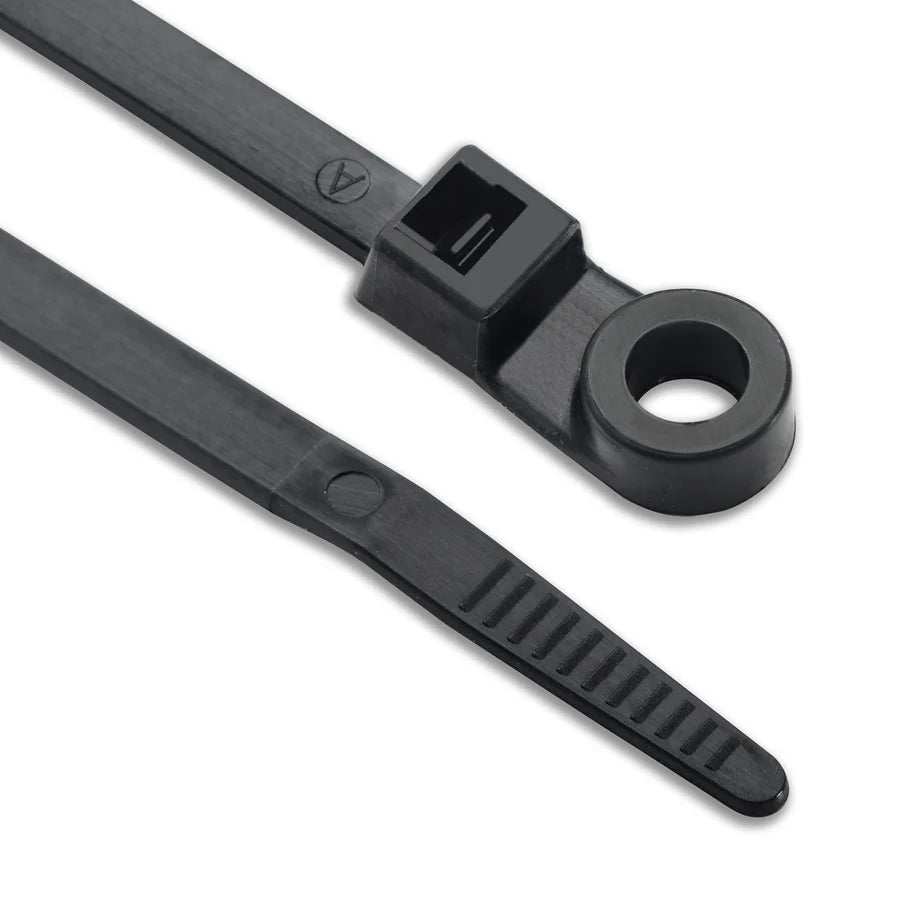 Black screw mounted cable ties made from Nylon 66 for secure cable fastening on surfaces