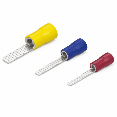 Close-up of insulated blade terminals with tin-plated copper conductors for secure electrical connections