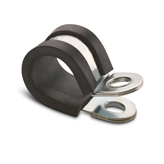 BZP rubber lined P clips made of mild steel with zinc plating for corrosion-resistant pipe, hose, and cable clamping with black rubber cushioning