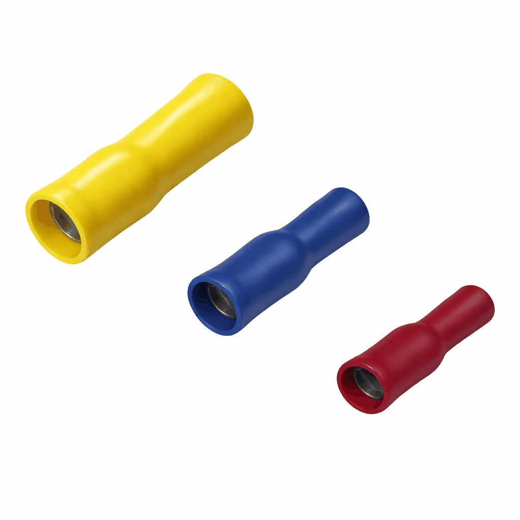 Bullet female quick disconnect electrical connectors with brass conductor and vinyl insulation for secure, corrosion-resistant cable termination.