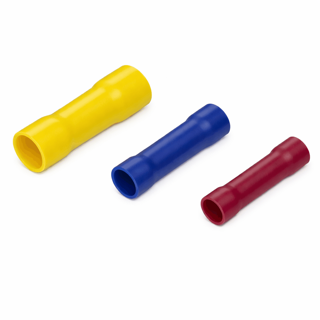 Butt connector terminals with brass conductor, tin-plated finish, and vinyl insulation for secure electrical wire joining