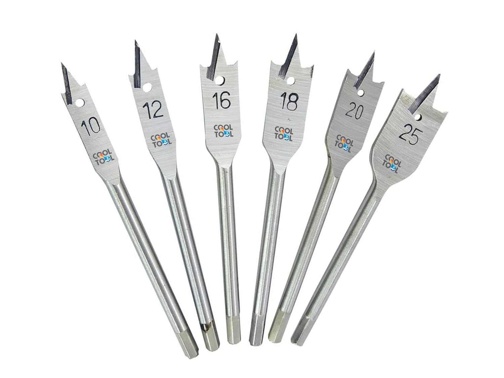 High-quality flat drill bits in various sizes for woodworking with hex shank and sharp point