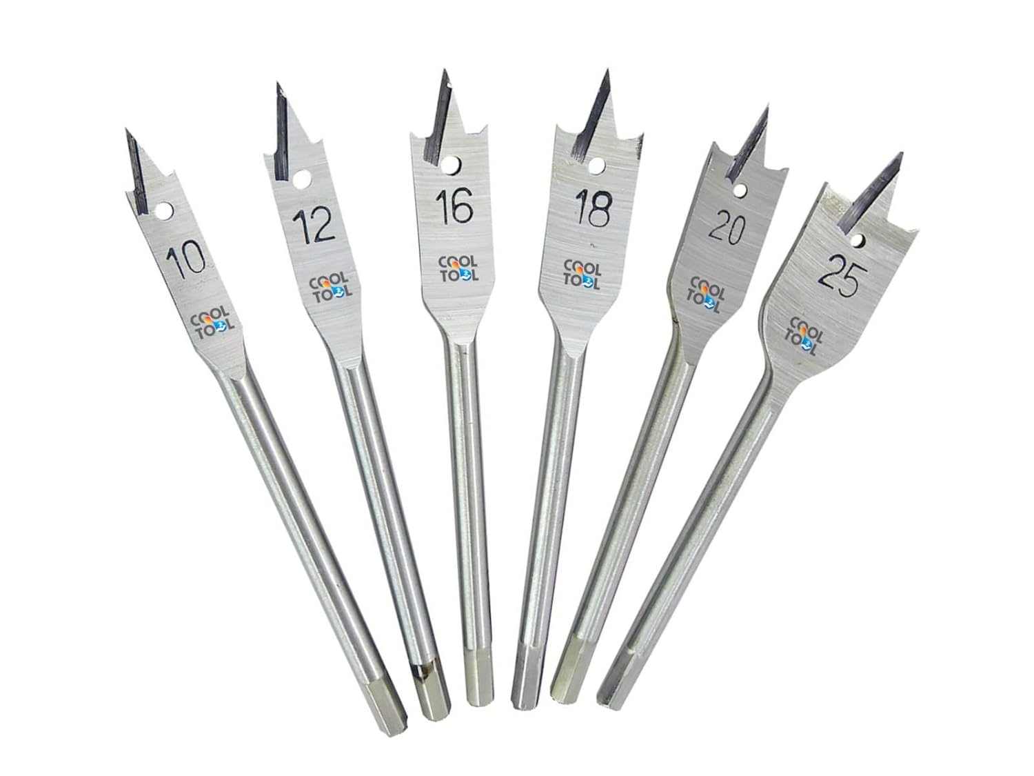High-quality flat drill bits in various sizes for woodworking with hex shank and sharp point