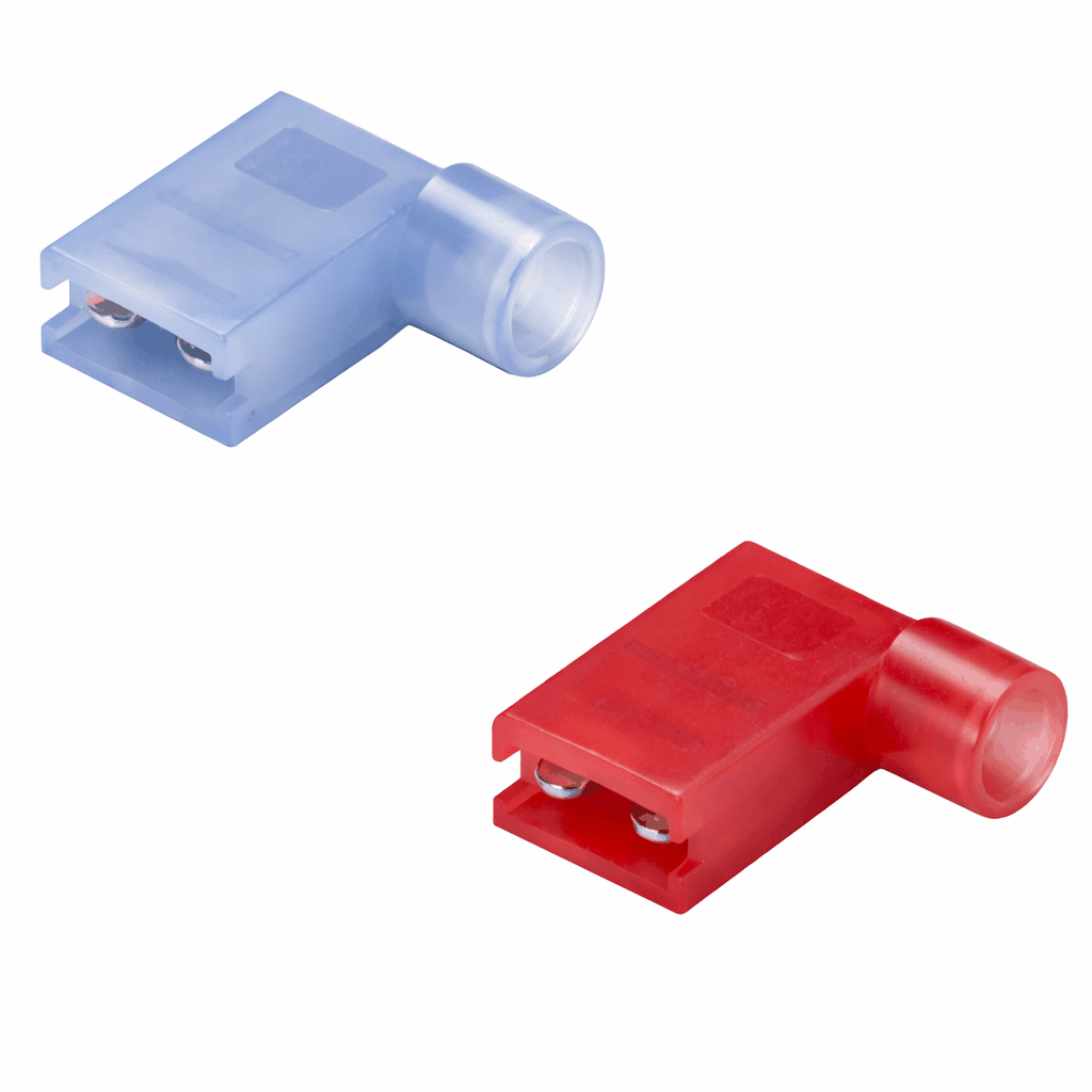 Flag female quick disconnect terminal with right-angle design for compact wiring applications