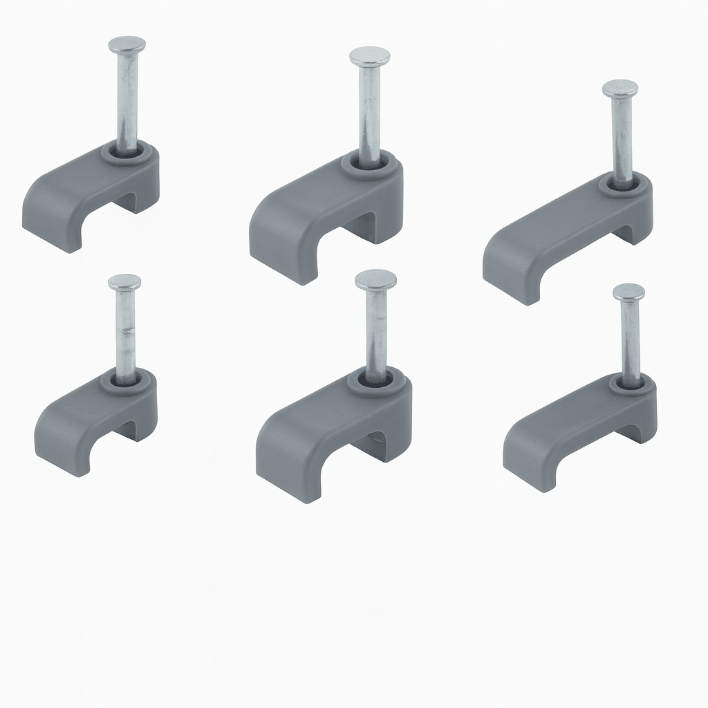 Flat cable clips made of durable HDPE with high-carbon steel nails for secure fixing of electrical and data cables