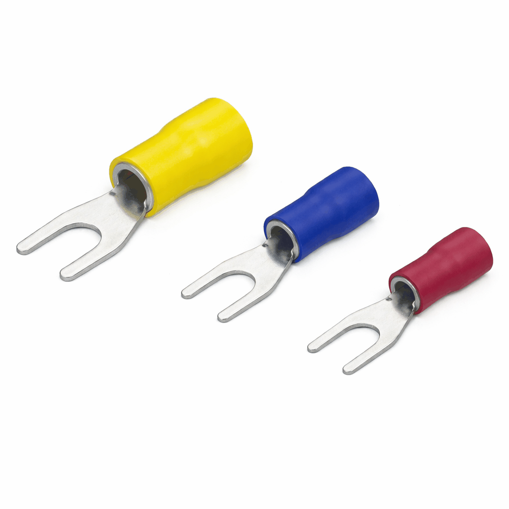 Close-up of insulated fork terminals with tin-plated copper conductor and vinyl insulation for electrical connections