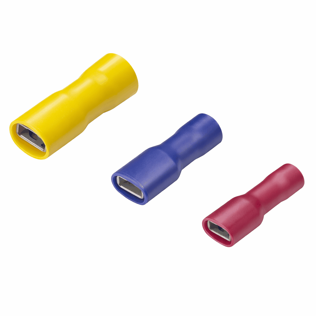 Fully insulated female disconnect terminals with brass conductor and vinyl insulation for electrical safety and corrosion resistance