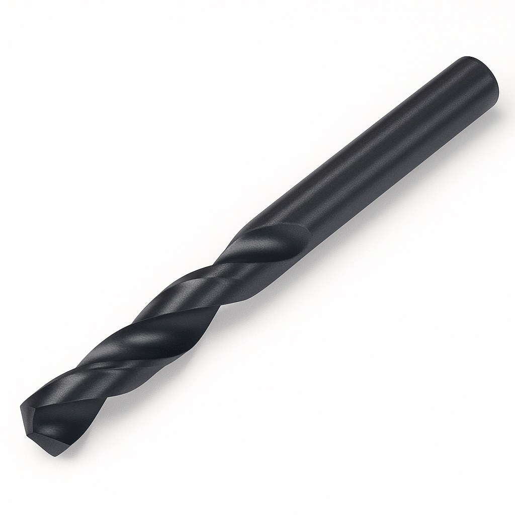 High-speed steel (HSS) stub jobber drill bit with ground flutes for precise metal, plastic, and wood drilling.