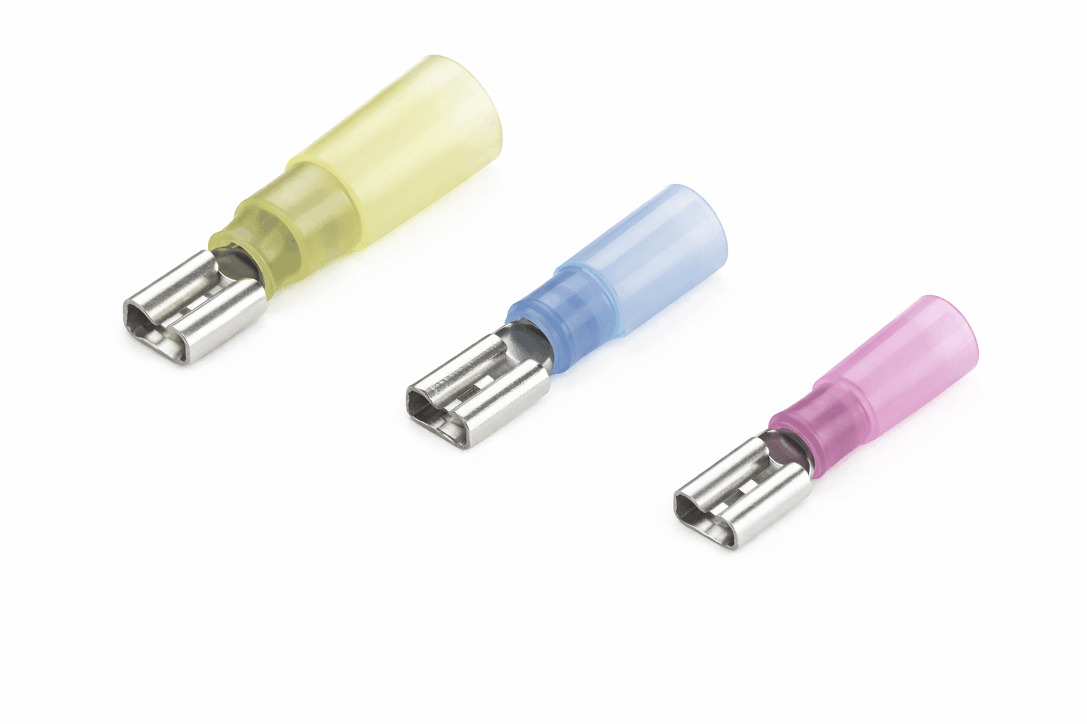 Heat shrink female spade terminals with brass conductor, tin plating, and waterproof heat shrink insulation for secure electrical connections