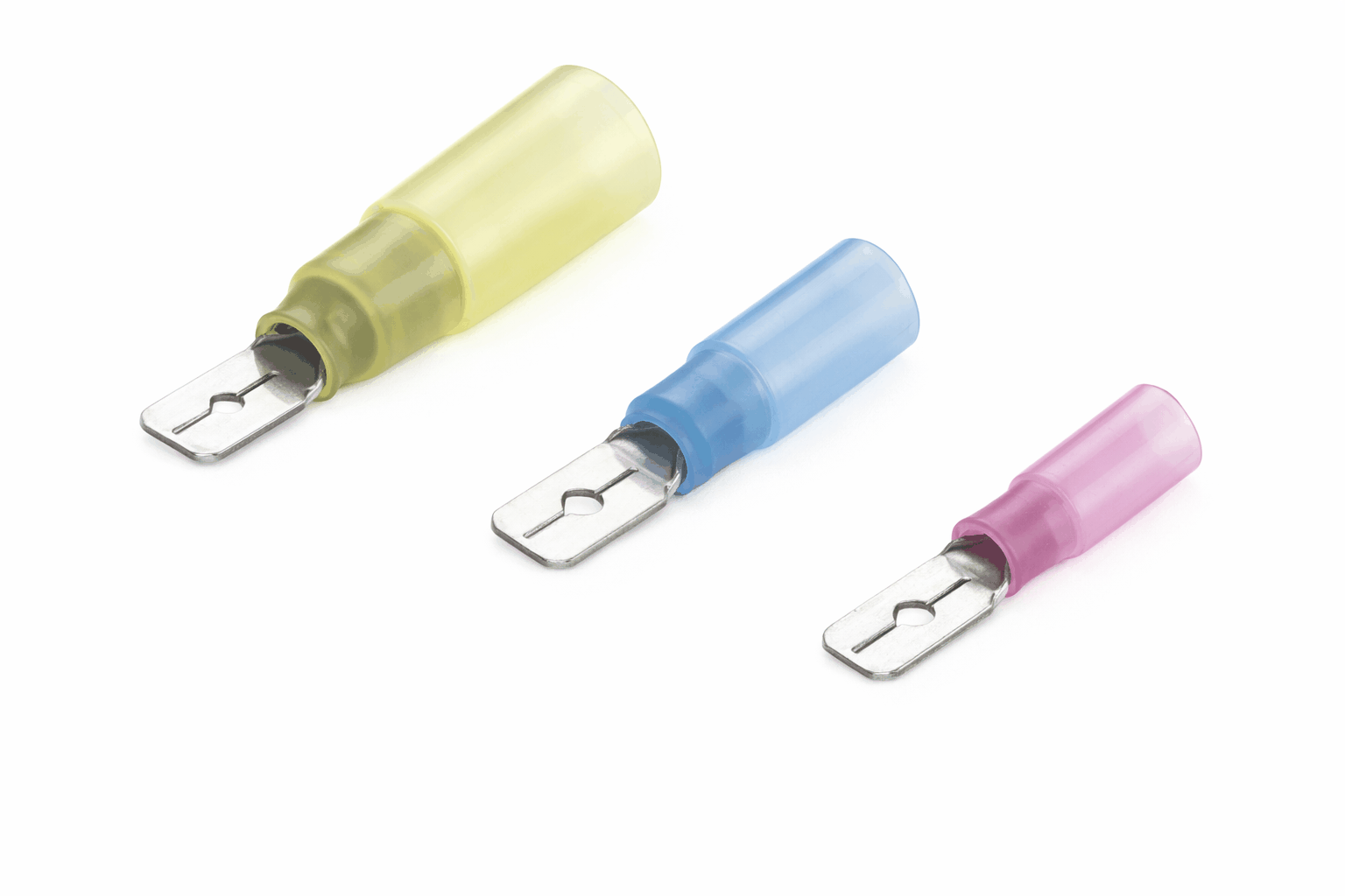 Heat Shrink Male Blade Terminals with brass conductor and heat shrink insulation for secure, waterproof electrical connections