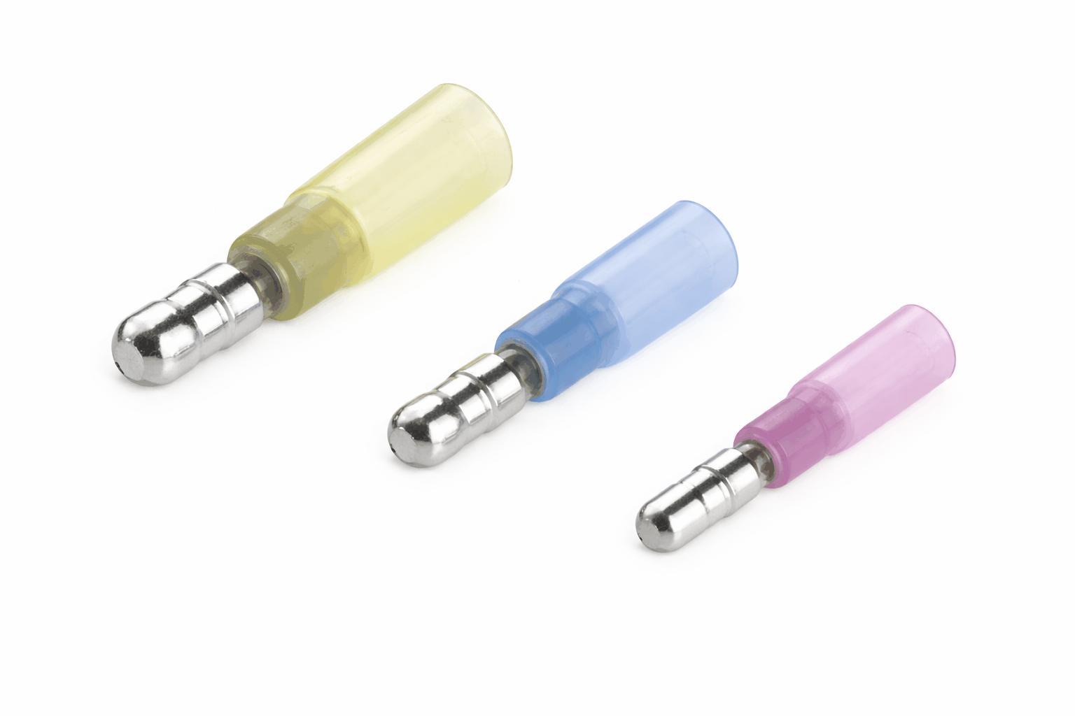 Heat shrink male bullet terminals with brass conductor, tin plating, and waterproof insulation for automotive and marine electrical connections