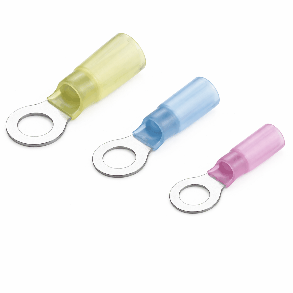 Heat shrink ring terminals with copper conductor and waterproof insulation for secure electrical connections in automotive and marine use
