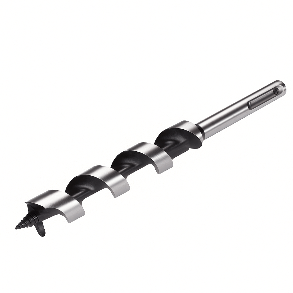 Long SDS auger drill bits with robust SDS shank for precision wood drilling and fast chip removal