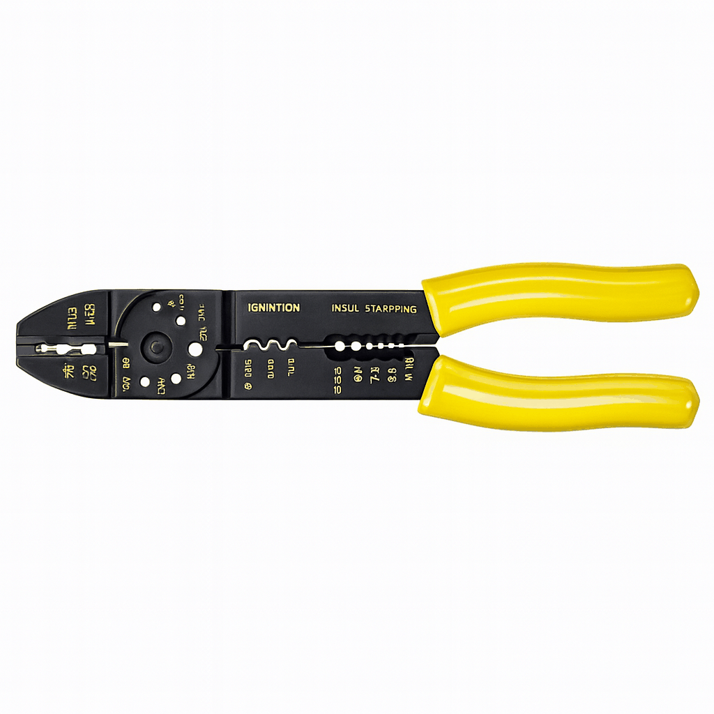 Manual terminal crimping tool with black oxide finish and PVC handles for crimping, stripping, and cutting cables