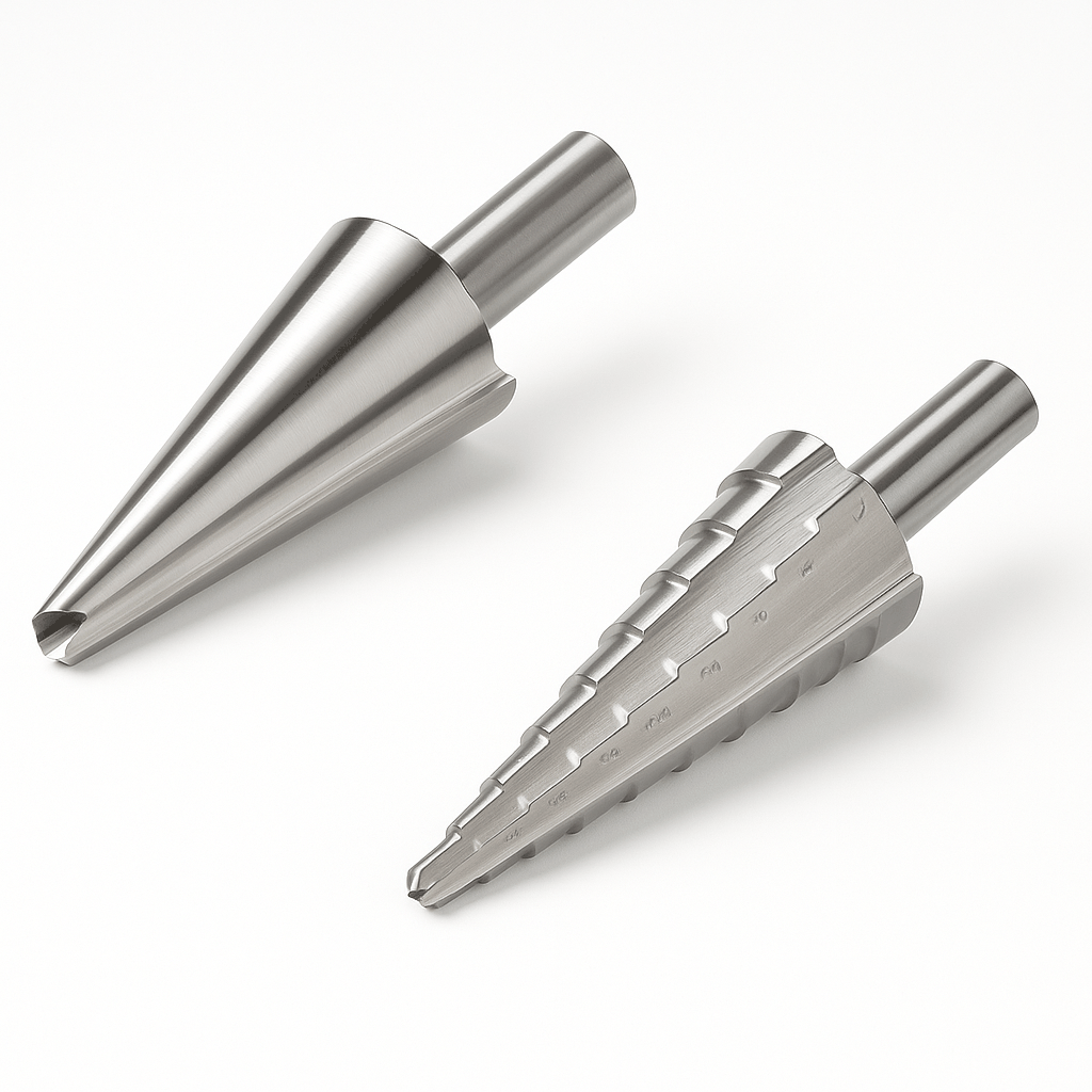 Cone Multicut drill bits with TiN coating for precise drilling in metal, plastic, and wood, available in multiple sizes.