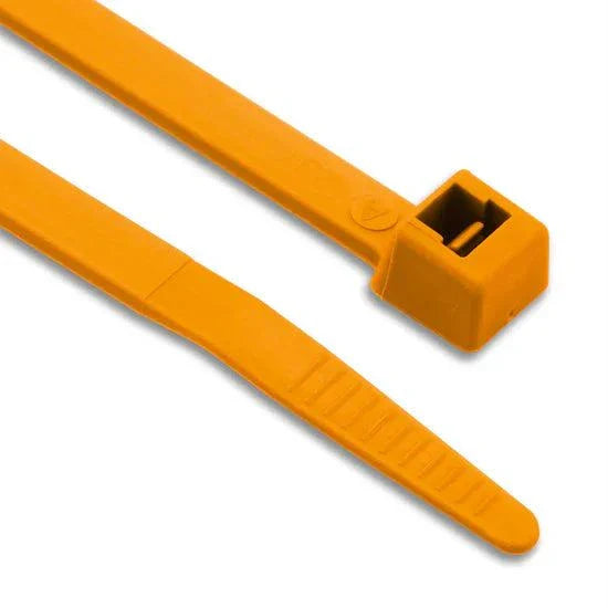 Orange coloured nylon cable ties bundled together for cable management and fastening tasks