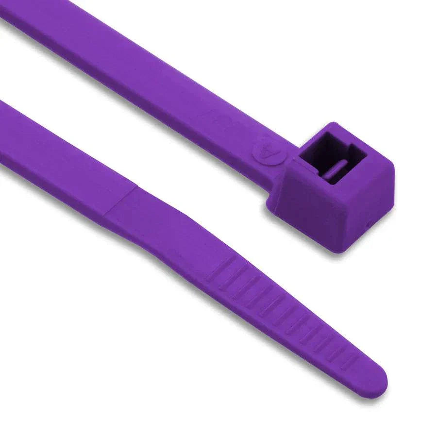 Purple coloured nylon cable ties bundled together for cable management and organization