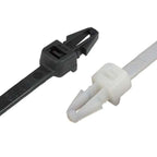 Push mounted cable ties securing cables to panels and machinery with integrated push-mount anchors for industrial and automotive use