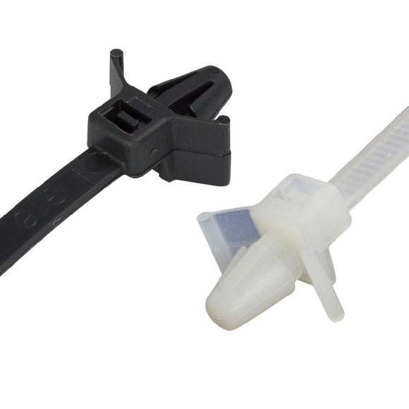 Push Mounted Wing Cable Ties securing cables to panels with integrated push-mount fixing