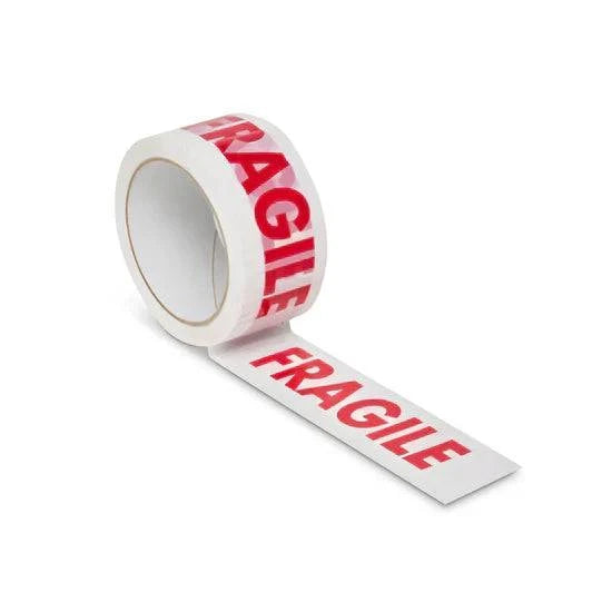 Pack of 6 rolls of red and white Fragile Parcel Tape with high-visibility warning for secure packing and shipping