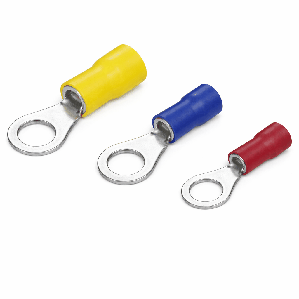 Close-up of insulated copper ring terminals with flared barrel for secure electrical connections