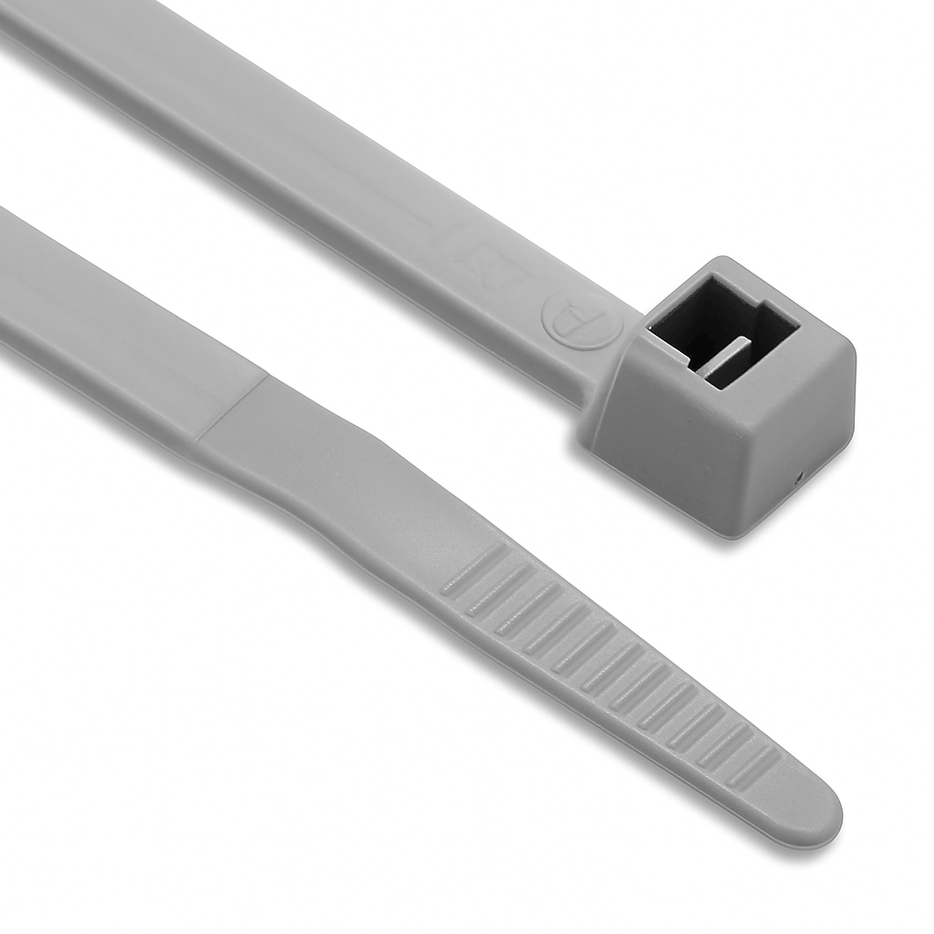 Close-up of silver coloured nylon cable ties bundled together for cable management