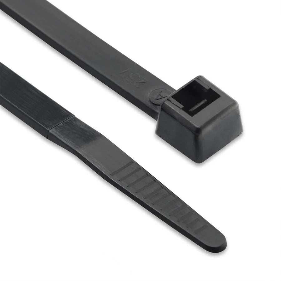 Pack of 100 standard black nylon cable ties, UV-resistant and high-strength for versatile cable management.