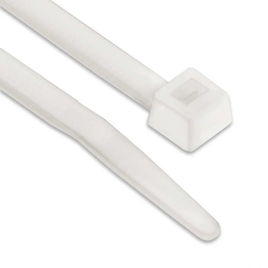 Pack of 100 natural nylon cable ties made from UL-certified Nylon 66 for durable fastening and cable management